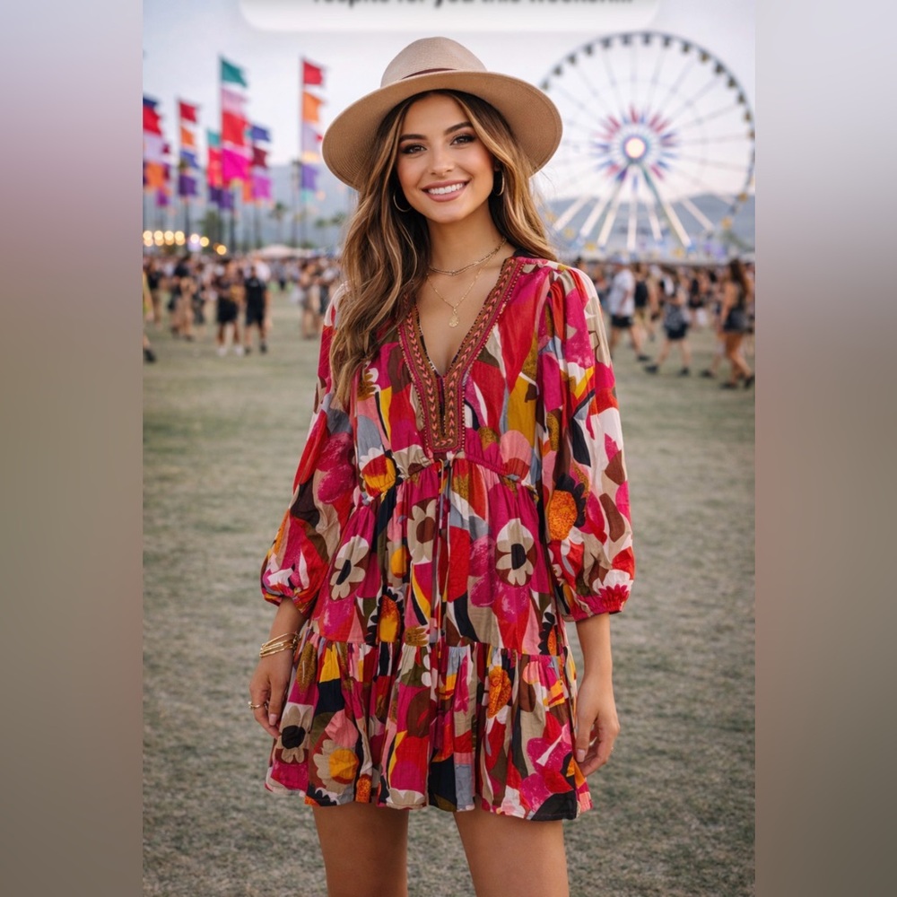 Kaktus Bright Floral Boho V-Neck Tunic Dress dress size Large
